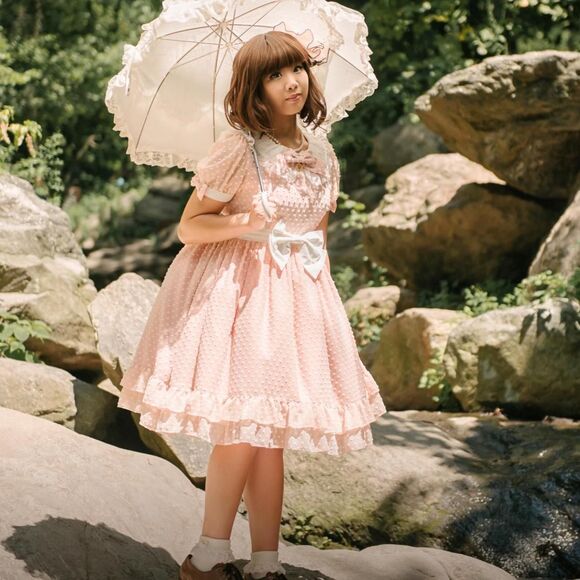 BTSSB Snow Dot Chiffon Peach and White OP Dress - Picture 2 of 5